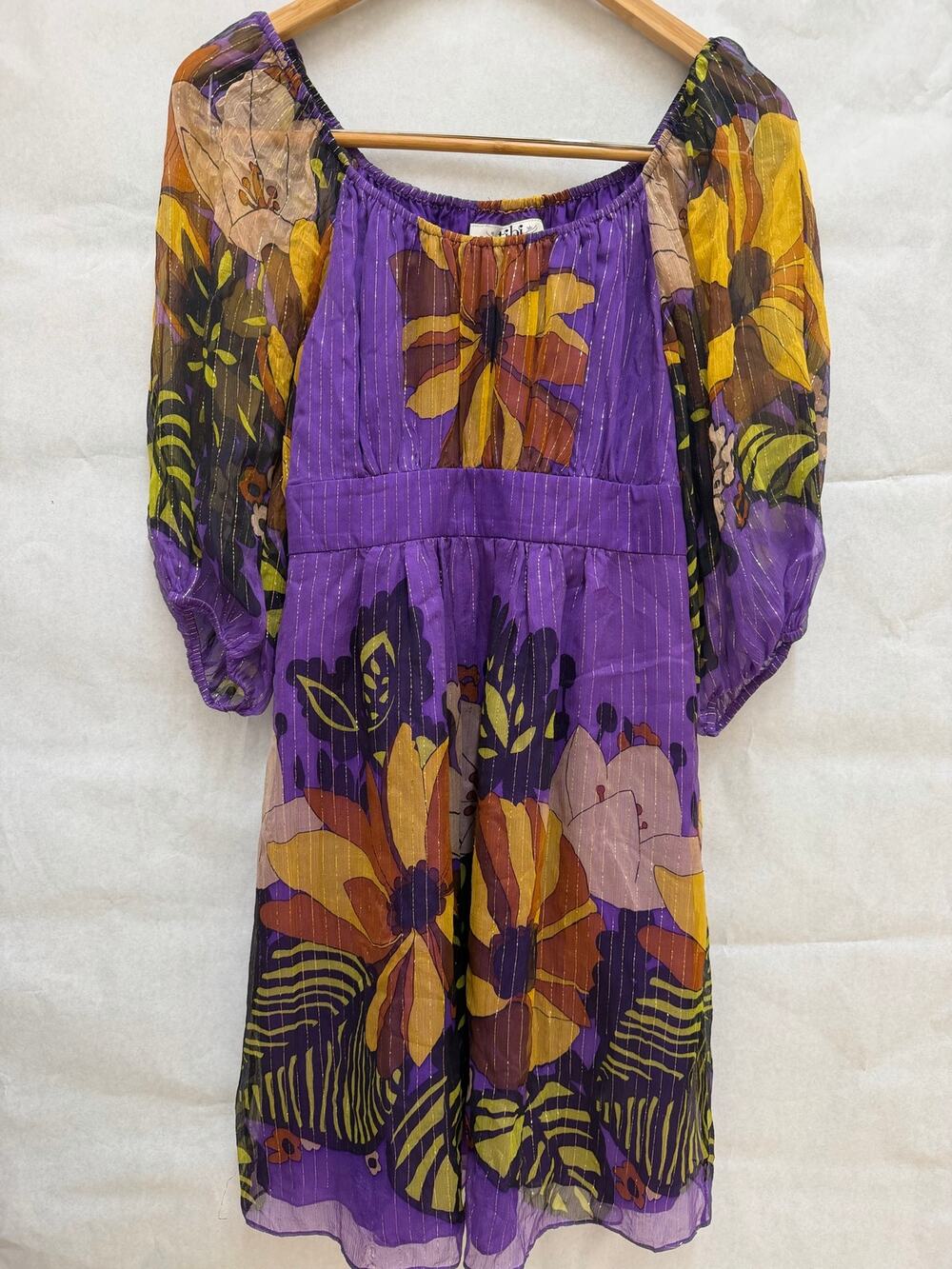 Tibi New York Silk Lurex Purple Floral Metallic Mini Dress 4 Puff Sleeve Y2K
